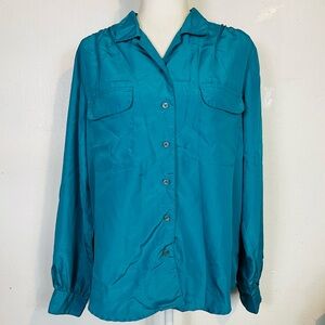 Vintage 70s 80s Shapely Plus Size 16 Women's Button Down Shirt Blouse Blue Green